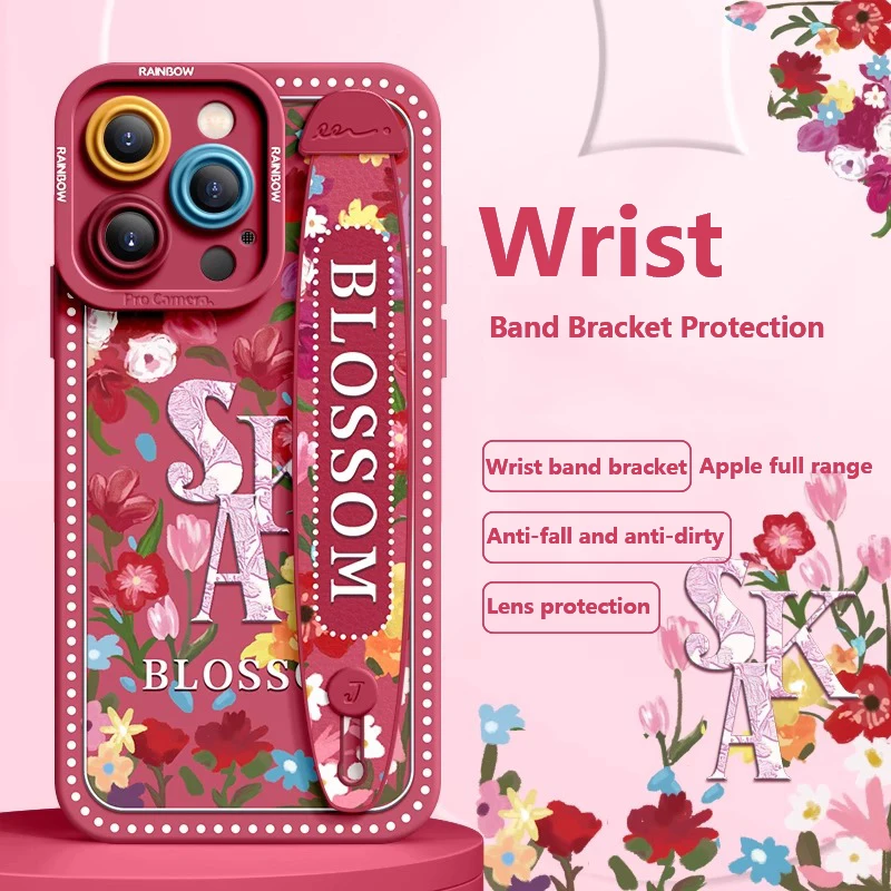 Deluxe Wrist Band Bracket Case Applicable Iphone 15 14 13 12 11 Pro Max X XR Xs Silicone Cell Phone Protective Cover Flowers