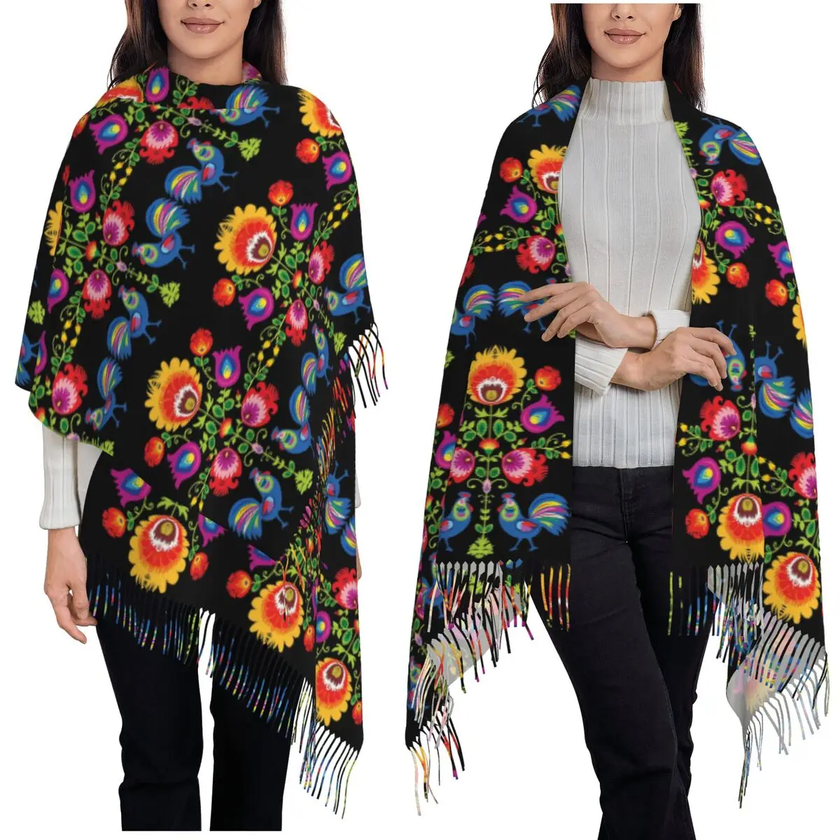 

Польские народные цветы, польский цветочный художественный шарф, шарфы с кисточками для женщин, мягкие теплые шали и накидки, большая осенне-зимняя шаль