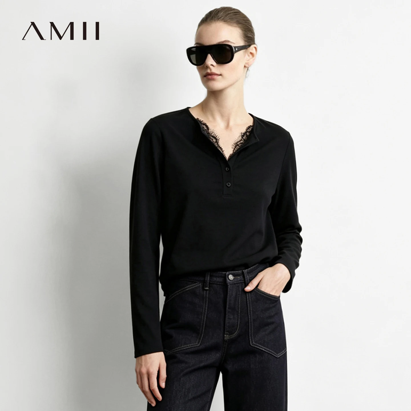 Amii Casual Knit Tops Autumn Woman T-shirts Lyocell Cotton V Neck Eyelash Lace Splicing Versatile Daily Womens T-Shirts 12623081