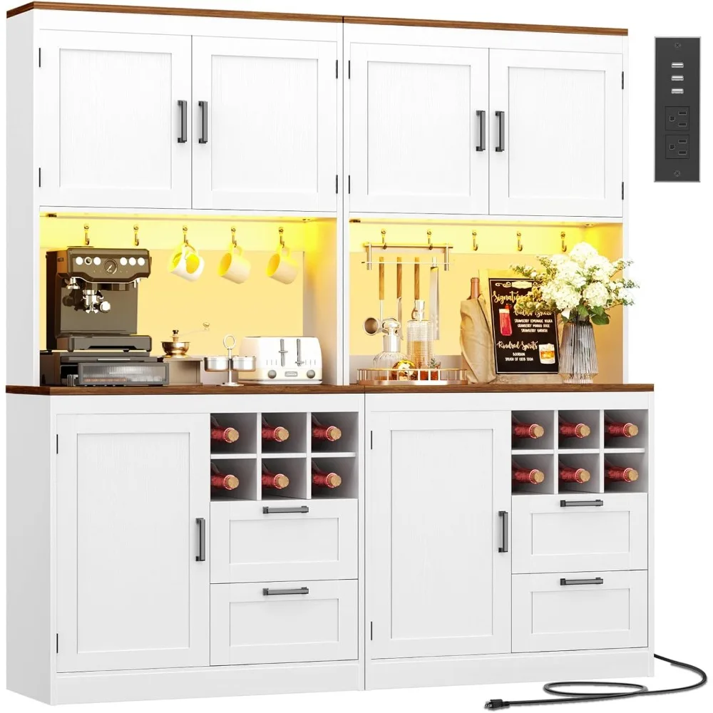 

72" Tall Pantry Cabinet, Kitchen Pantry Storage Cabinet with LED Light & Outlet, 63" Wide Kitchen Hutch Bar with Microwave Stand