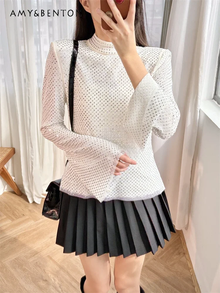 Gentle Temperament Ladies Heavy Industry Silver Full Diamond Mesh Flare Sleeve Top Versatile Fashion Turtleneck Slim Tops Female