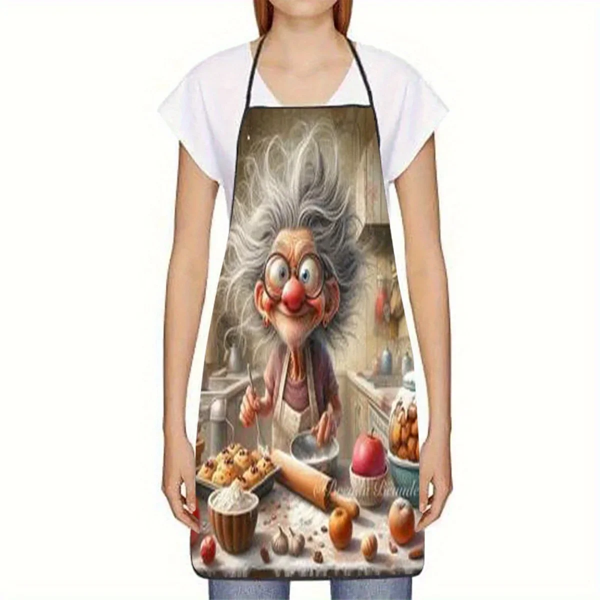 1pc Whimsical Grandma Cooking Print Sleeveless Polyester Apron Colorful Kitchen Baking Apron with Adjustable Neck Strap