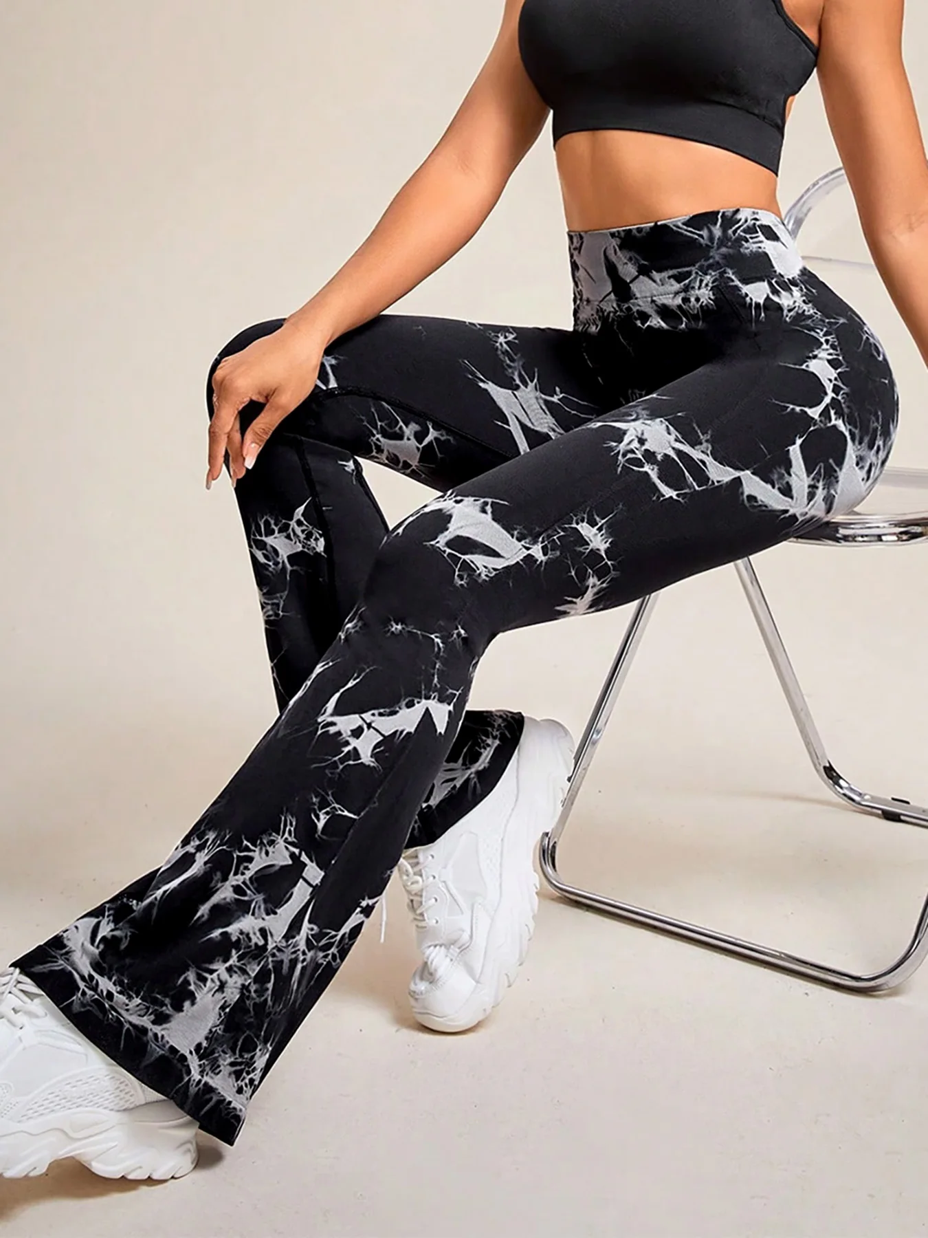 3 counts women\'s high waist tummy control sportswear, tie dye yoga bootcut pants, running fitness high elastic flared sports pan