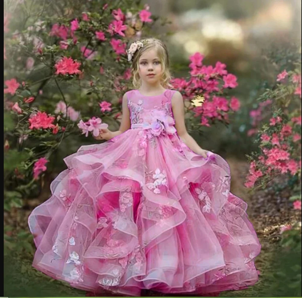 Abiti da ragazza di fiori rosa Organza senza maniche lunghezza del pavimento neonata festa di compleanno matrimonio prima comunione vestito da festa