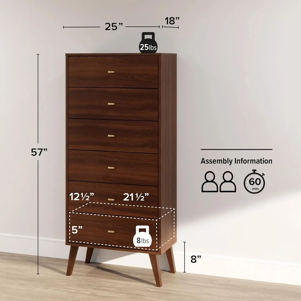 Komoda z 6 szufladami w stylu Mid-Century Modern firmy Prepac Milo, wysoka i wąska komoda do sypialni w stylu retro, meble do przechowywania bielizny, 18 cali