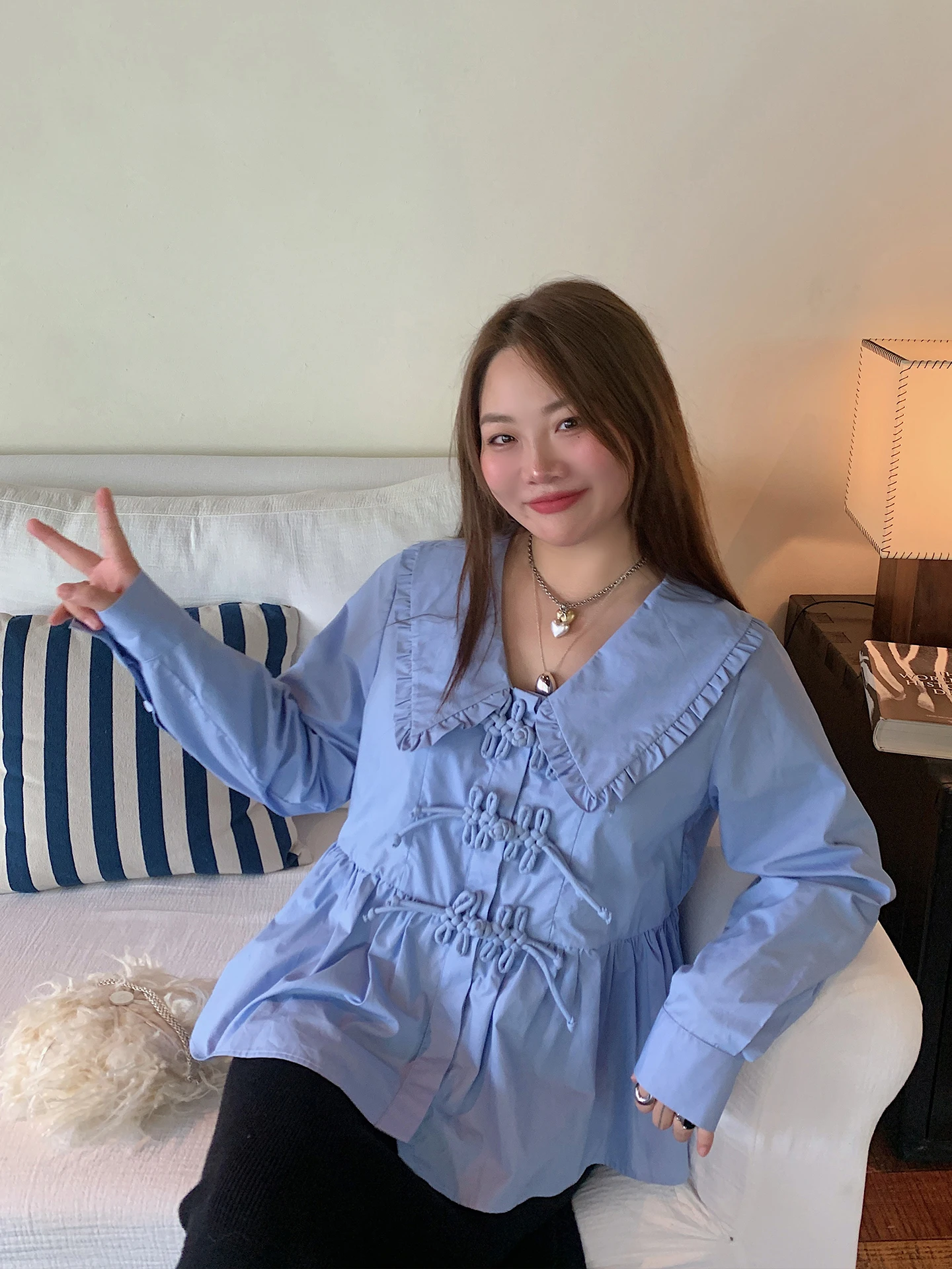 

Dazi Women's irt Doll Collar Button up Cotton Long Sve Slim Fit French Sle Faionable plus Size Unique Top