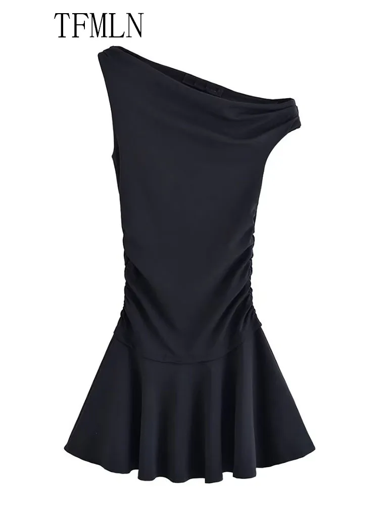 Tfmln 2025 feminino sólido assimétrico mini vestido de verão sem mangas gola diagonal causal vestido fino moda high street vestido