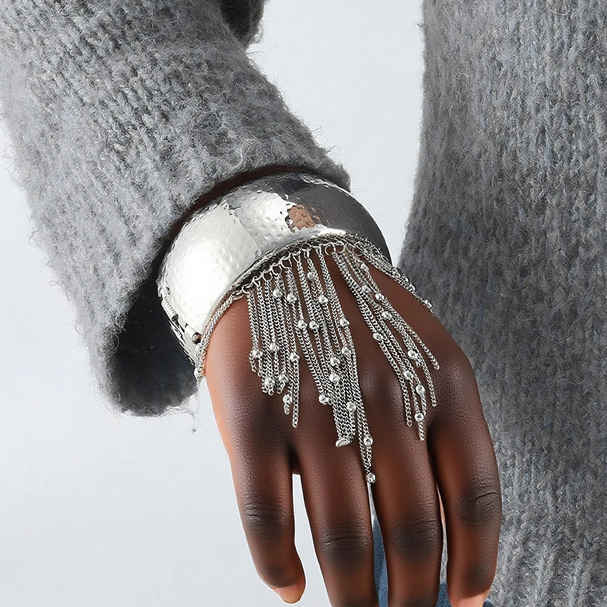 

ZAA Vintage Silver Metal Bangle for Women Beads Chains Tassels Bracelets Fashion Jewelry Holiday Party Hand Accessories