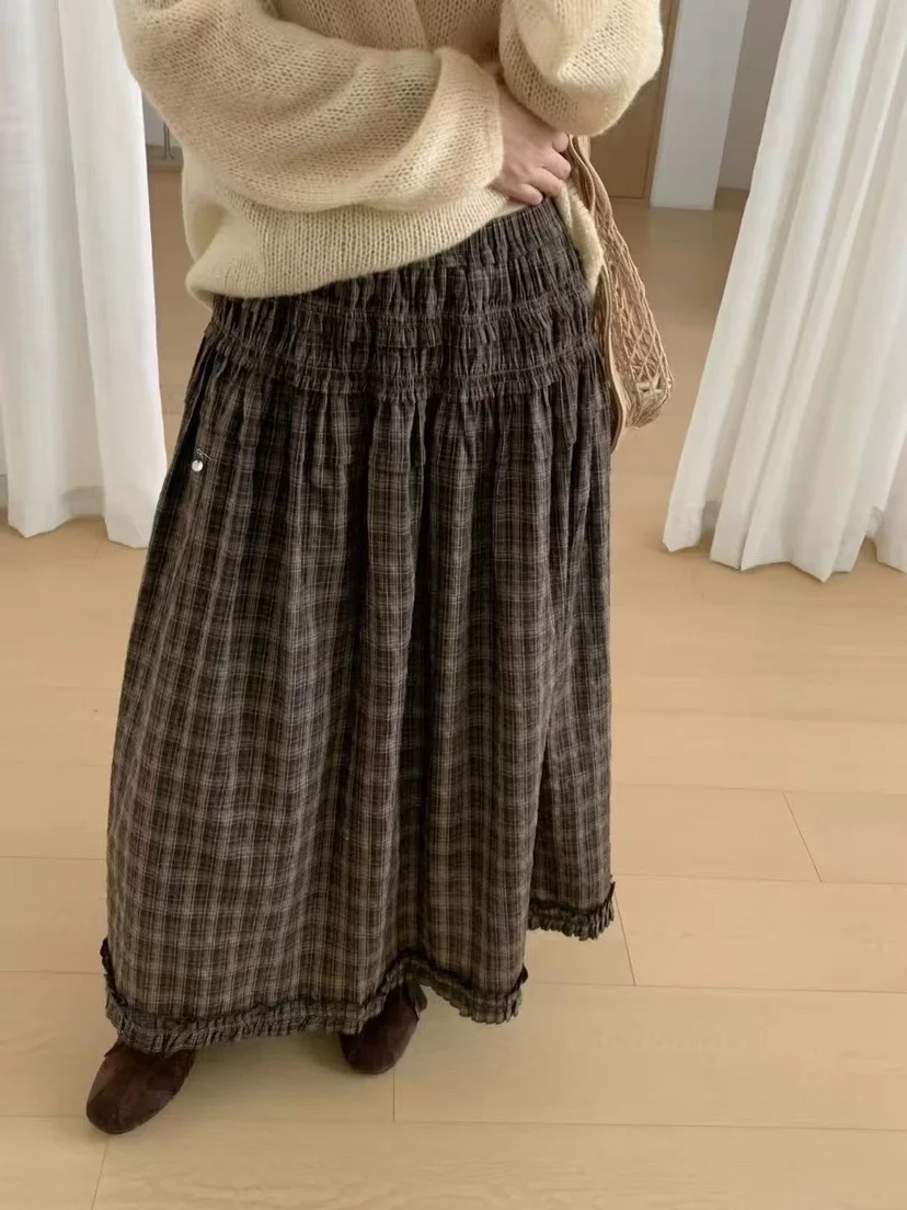 

High Waist Plaid A-Line Skirt Women's Autumn New Sle Casual High Waist Slim Fit Wooden Splicing Skirt