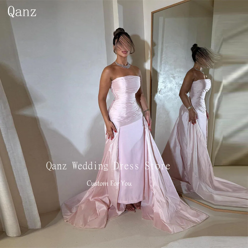 

Qanz Pink Taffeta Vestidos De Fiesta Elegantes Mermaid Long Train Formal Evening Dresses Backless Robe De Soirée Customized