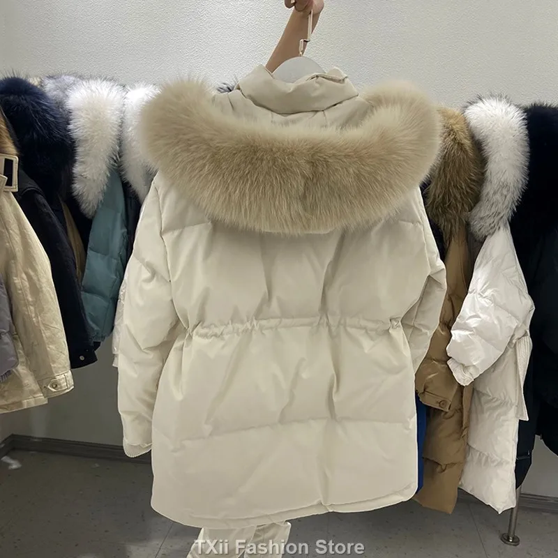 2023 White Duck Down Coat Winter Women Fashion Hooded Real Fox Fur Collar Thicken Warm Feather Clothing Female Parka Overcoat