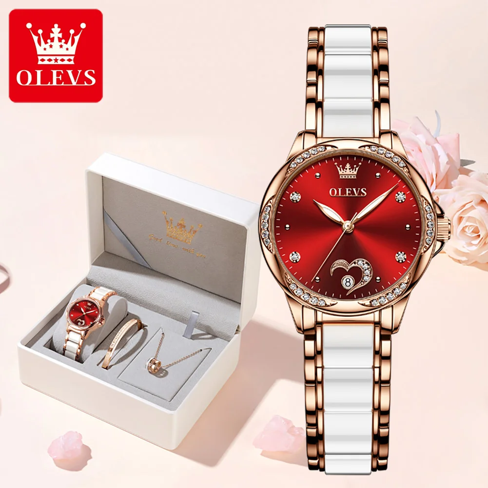 OLEVS 6631 Women Automatic Mechanical Watch Ceramic Elegant Heart Design Diamond bezel Original Luxury Women Dress Watch Set