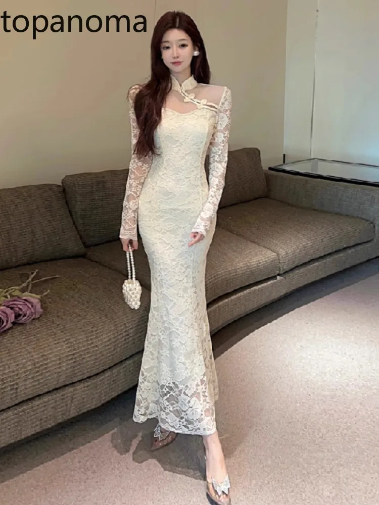 Topanoma Temperament Evening Dresses Women Sexy Lace Patchwork Long Sleeve Slim Mermaid Dress Elegant Wedding Party Cocktail