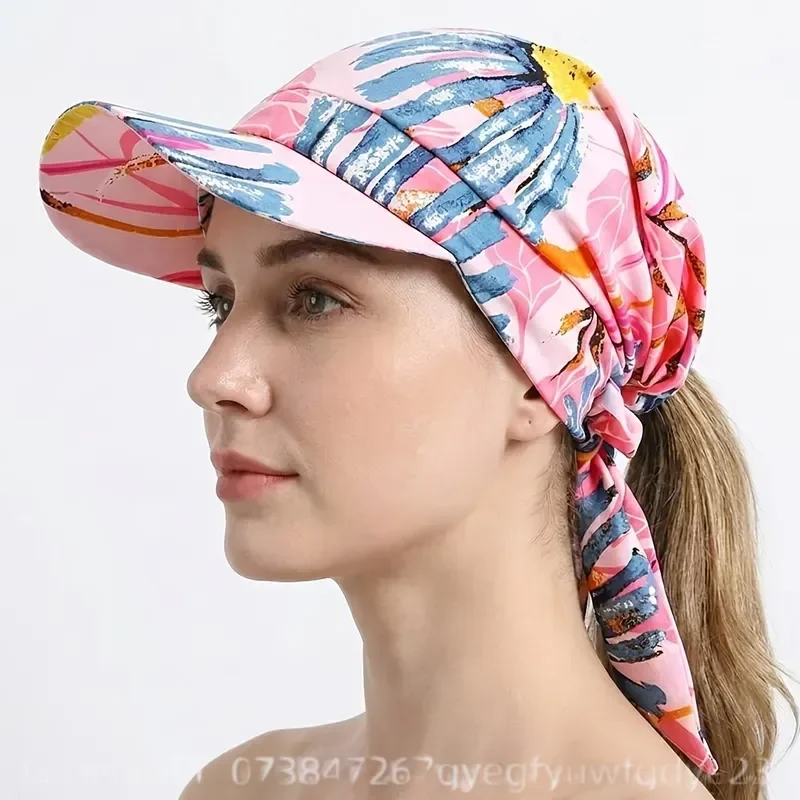 Braid Style Headscarf Hat with Brim Tie Outdoor Peaked Headwrap Sun Hat for Travel Beach Print Pattern Position Is Random