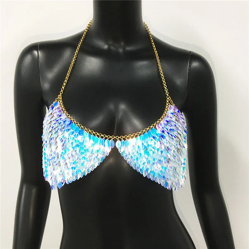 Pailletten Gekleurde Bladeren Crop Top Vrouwen Vest Sexy Nachtclub Metalen Slanke ketting Hangende nek Splicing Glitter Top Vrouwelijk