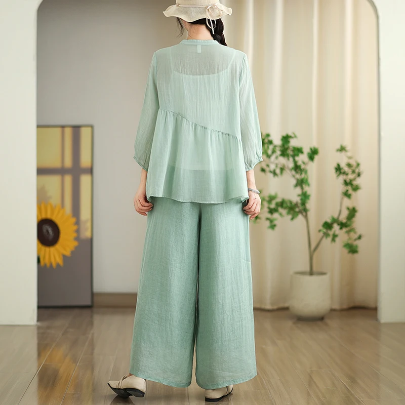 Повседневный комплект из хлопка и льна, женская футболка-квартира Све, летняя одежда с вышивкой, одинаковый комплект, широкие брюки, два пи...