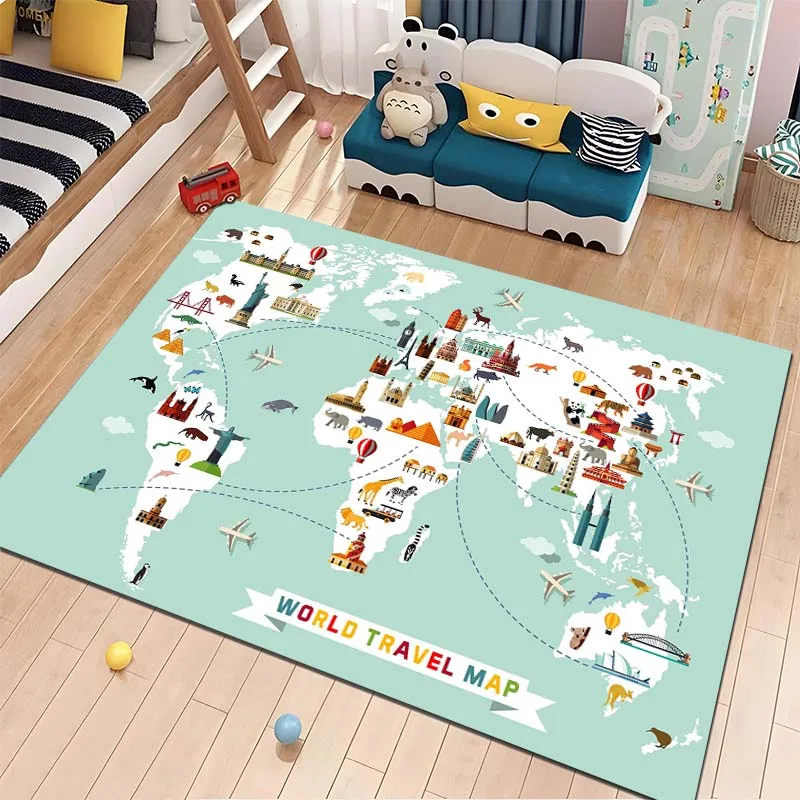 15 Sizes Cartoon World Map for Kids Pattern Rug Carpets for Bedroom Living Room Sofa Mat Door Mat Dressing Room Rugs Play Mats