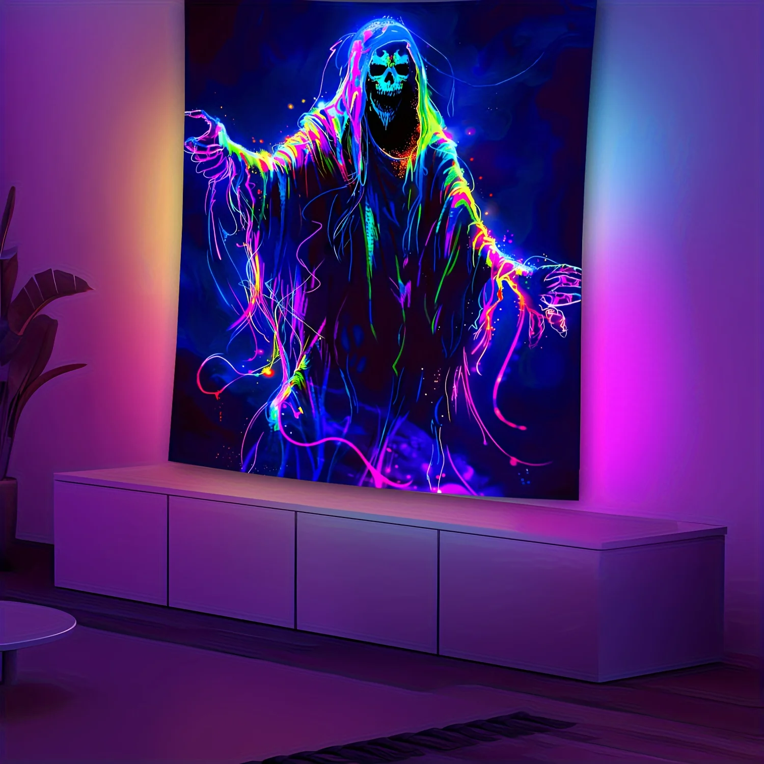 

VIKAMA Halloween Cyberpunk Neon Skull Tapestry Dancing Skull Esports Gaming Room Music Studio Trendy Living Room Decor