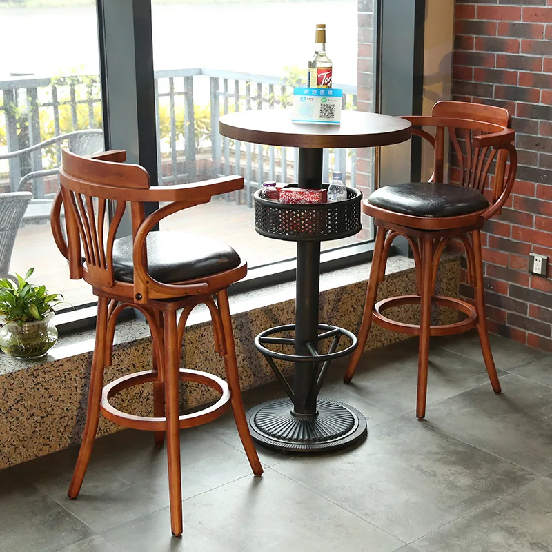 Custom, American vintage industrial style bar set furniture leather bar stools swivel wooden high bar chairs with backrest