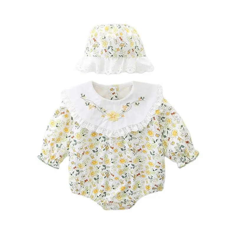 Spring Autumn Newborn Cotton Cute Baby Bodysuits Clothing with a Hat Girls Floral Romper Outdoor One Piece Jumpsuit 0-18M