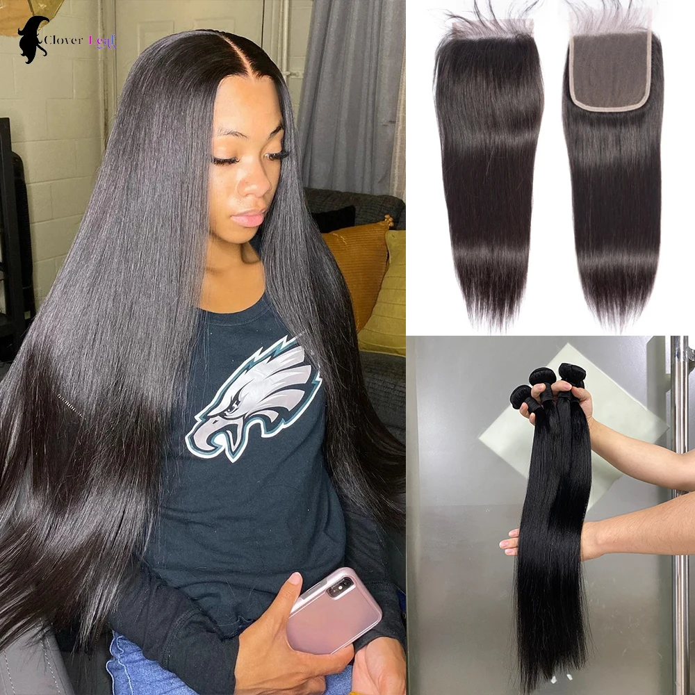 5X5 Lace Closure With 30 40 Inch Human Hair Bundles With Straight Brazilian Weave 3 Bundles With Closure Remy Hair