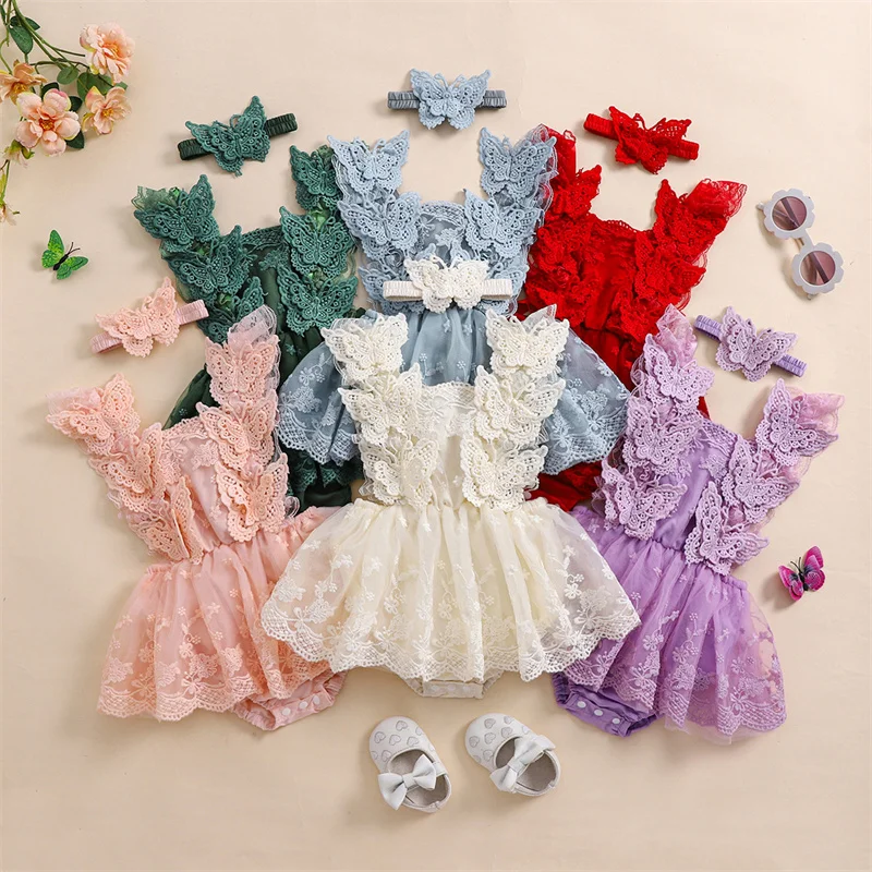 Cathery Kids Baby Girls Rompers Dress Lace Butterfly Fly Sleeve Mesh Skirts Hem Jumpsuits Bodysuits with Bow Headband for Infant