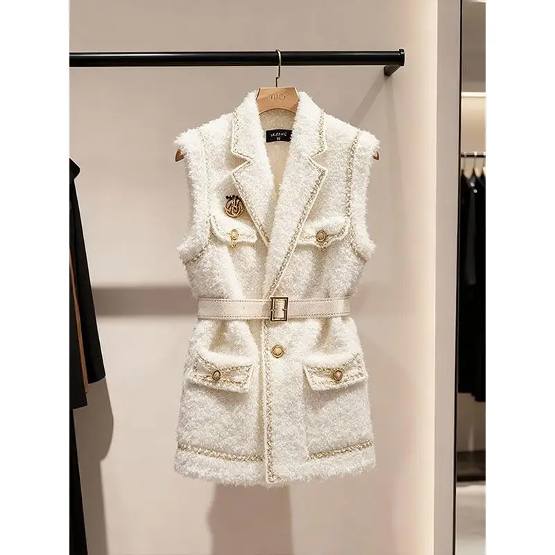 

Новый осенне-зимний жилет с изображением ягненка, женское корейское модное элегантное пальто с тонкой талией без рукавов, маленькая ароматная куртка с карманами, верхняя одежда