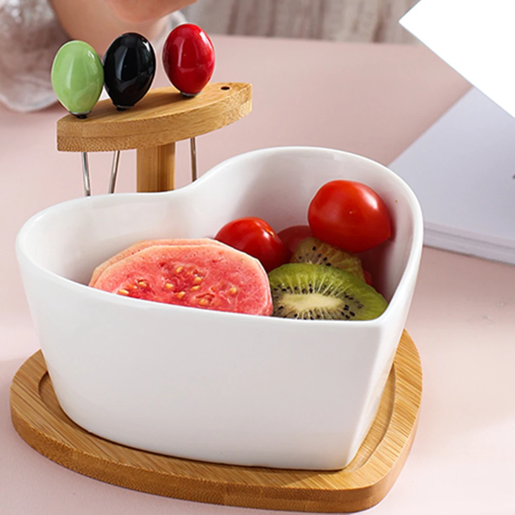 

Fruit Bowl Ceramic Plate 4 Colorful Porcelain Serving Dish Forks Heart Shaped Porcelain Dishes Tray Party Home Kitchen Bar Use