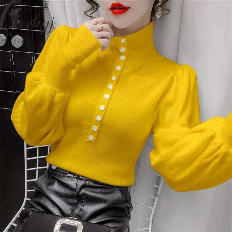 Women Puff Sleeve Button Sweater Korean Fashion Turtleneck Solid Colors Knitted Pullover Vintage Warm Bottoming Knitwear Top