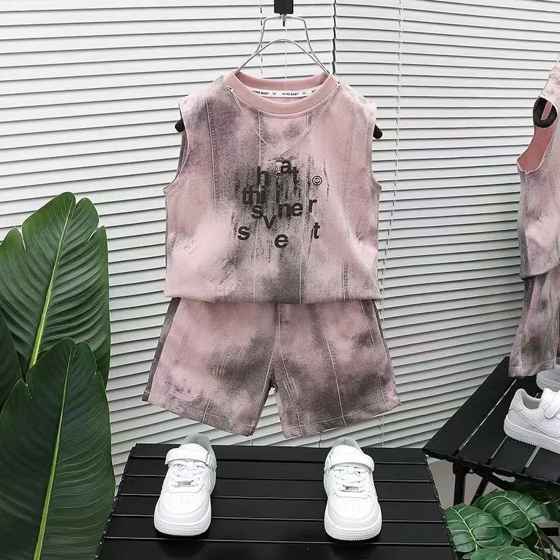 الصيف أكمام القطن دعوى شخصية التعادل صبغ Vset + قصيرة 2 قطعة طفل الفتيان الفتيات ملابس رياضية الاطفال الملابس بوتيك الكورية
