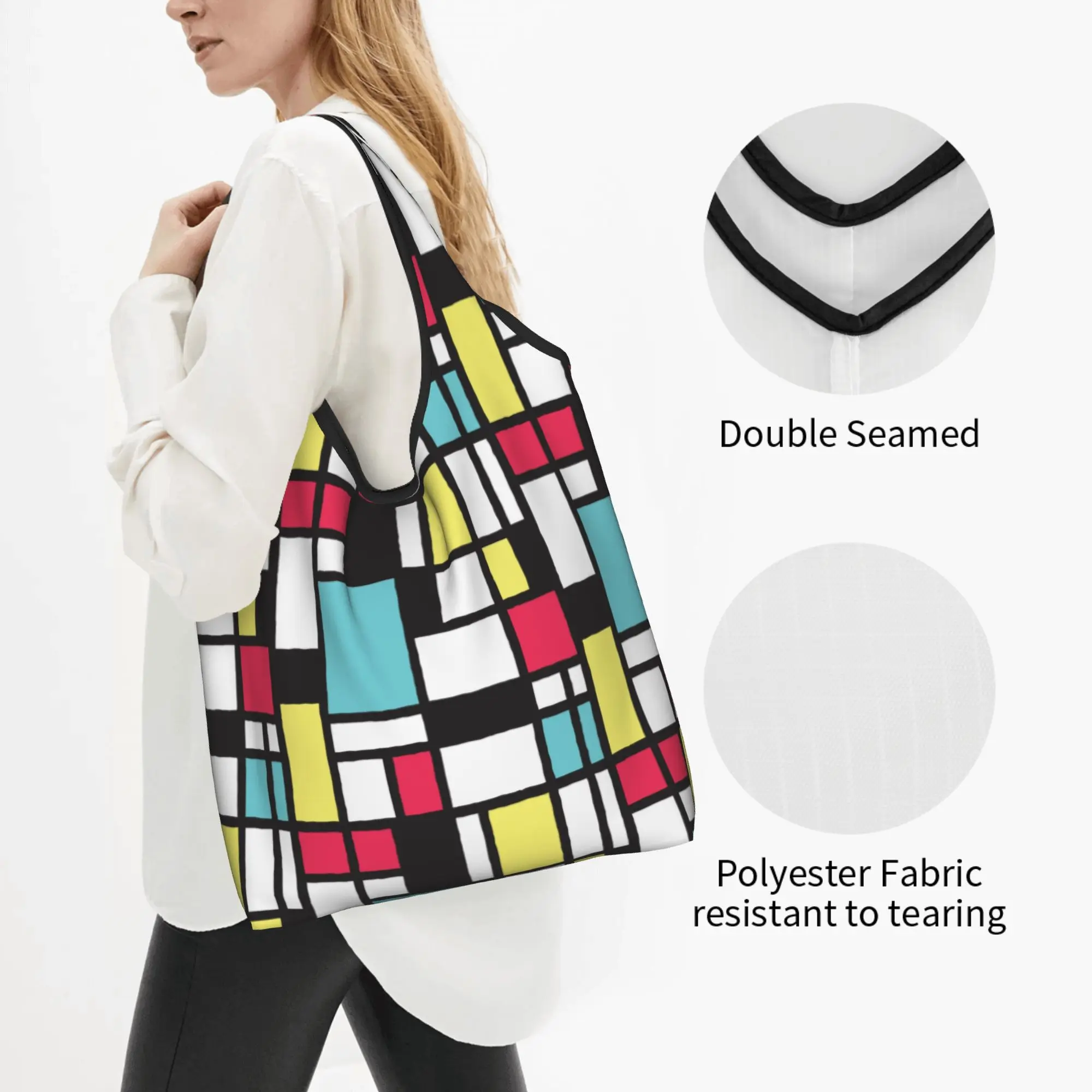 Mondrian Study Geometric Modern Groceries Shopping Bags Funny Shopper Tote Shoulder Bag  Portable Plaid Abstract Art Handbag