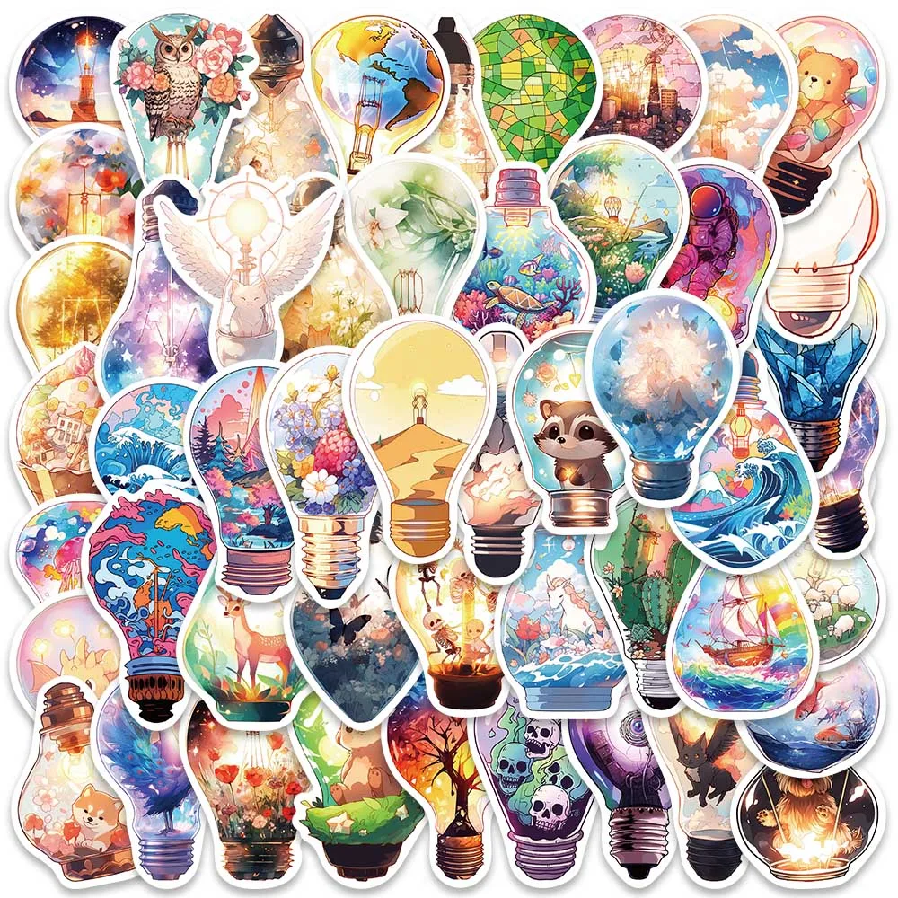 50pcs Cute Cartoon Colorful Fancy World Lamp Bulb Stickers For Laptop Phone Guitar Luggage Waterproof Graffiti Vinyl Decals