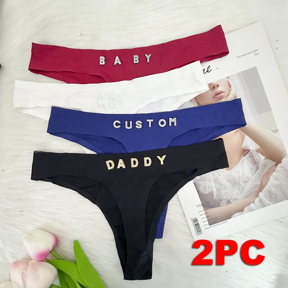 2 Pak Thong kustom dengan nama kristal huruf Thong kustom pakaian dalam wanita G-String celana dalam personalisasi Lingerie Tanga