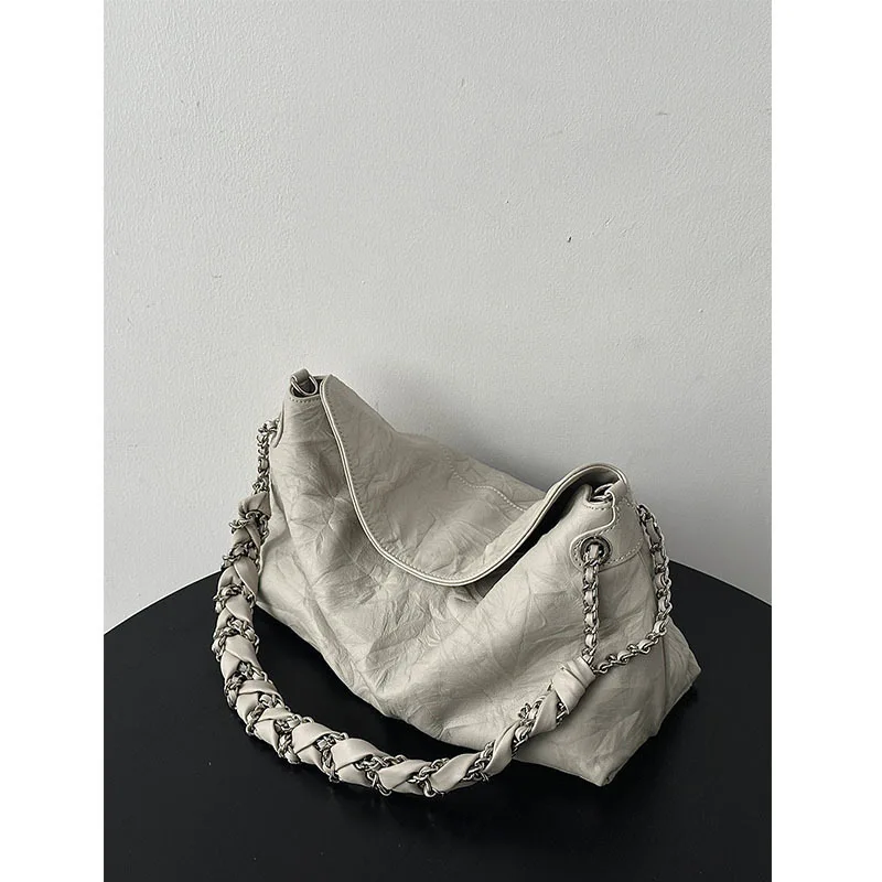 

2025 New Women's High-end Fashion White Hand-scratched Tote Versatile Shoulder Crossbody Portable Chain Bag