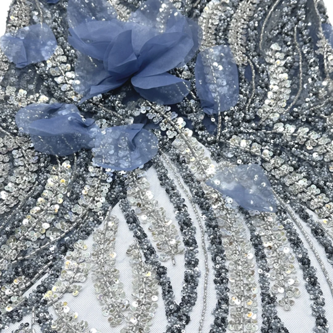 Elegant Tulle Embroidered Mesh Lace Organza 3D Fabric Flower Applique French Bead Textile for Bridal Banquet Evening Party Gown