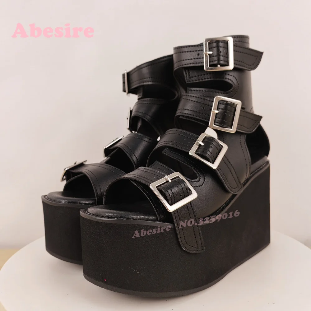 

Черные босоножки на платформе с пряжками, женские босоножки с открытым носком и вырезом по бокам, блестящая однотонная летняя обувь на высоком каблуке на танкетке, элегантная