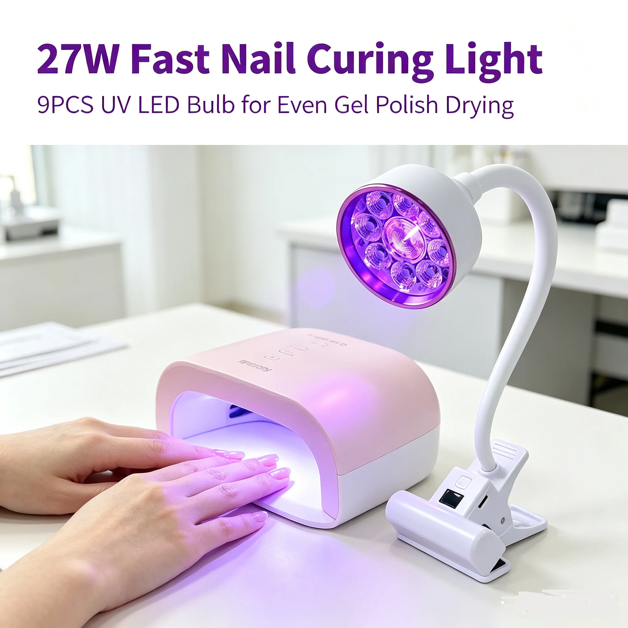27W Rechargeable Clip-On UV LED Nail Lamp, Flexible Adjustable Desktop Nail Dryer, LCD Display Nail Light Therapy Curing Lamp