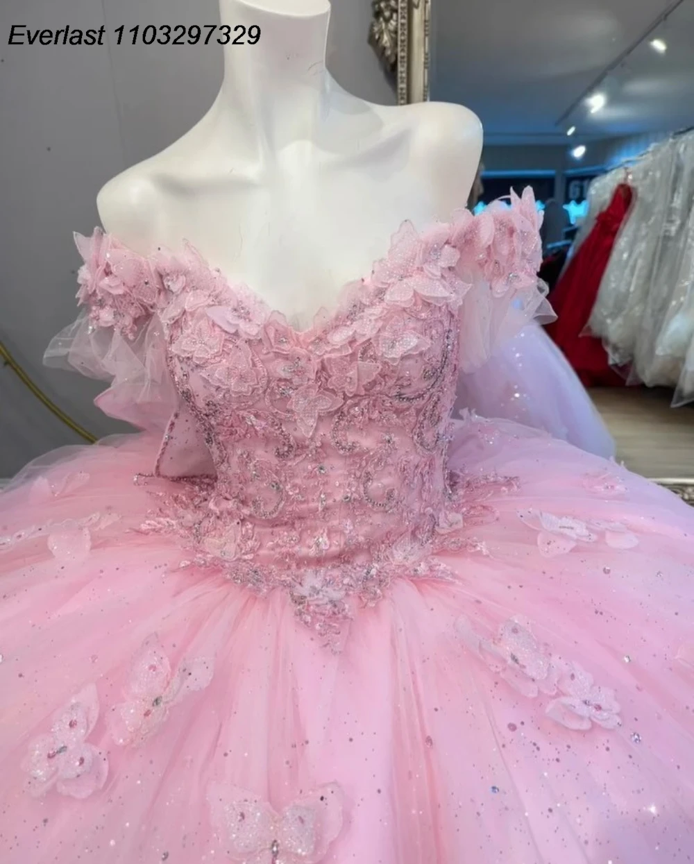 EVLAST Customized Pink Quinceanera Dress Ball Gown Butterfly Applique Beaded Bow Mexican Sweet 16 Vestido De 15 Anos TQD979