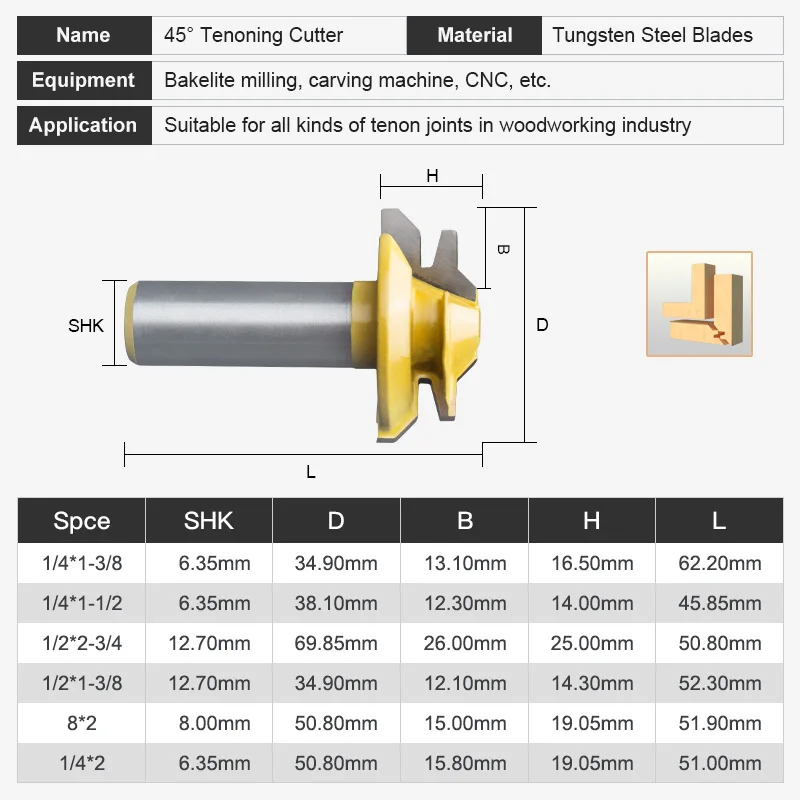 HUHAO 45 Degree Lock Miter Router Bit Carbide Alloy Joint Router Bits 1/4 Inch 1/2 Inch Tenon Milling Cutter Woodworking Tools