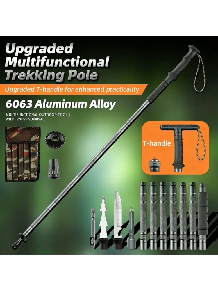 Opvouwbare trekkingstok, zware aluminiumlegering, antislip T-handvat, multifunctionele wandel- en trekkingstok voor kamperen - afbeelding 2