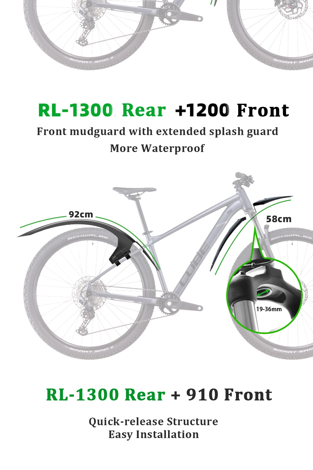 RBRL Extended Widen Fahrradschutzblech, kompatibel mit 7,6 cm Reifenbreite 26–29, vollständiger Abdeckung, spritzwassergeschützter Mountainbike-Schutzblech – Detail 8