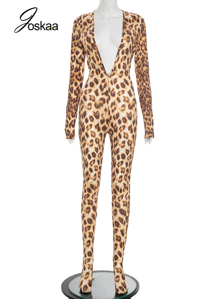 Joskaa الخريف مثير ليوبارد طباعة حللا امرأة العميق الخامس الرقبة الانقسام عارية الذراعين كم كامل Bodycon السروال القصير منتصف الليل نادي وتتسابق #4