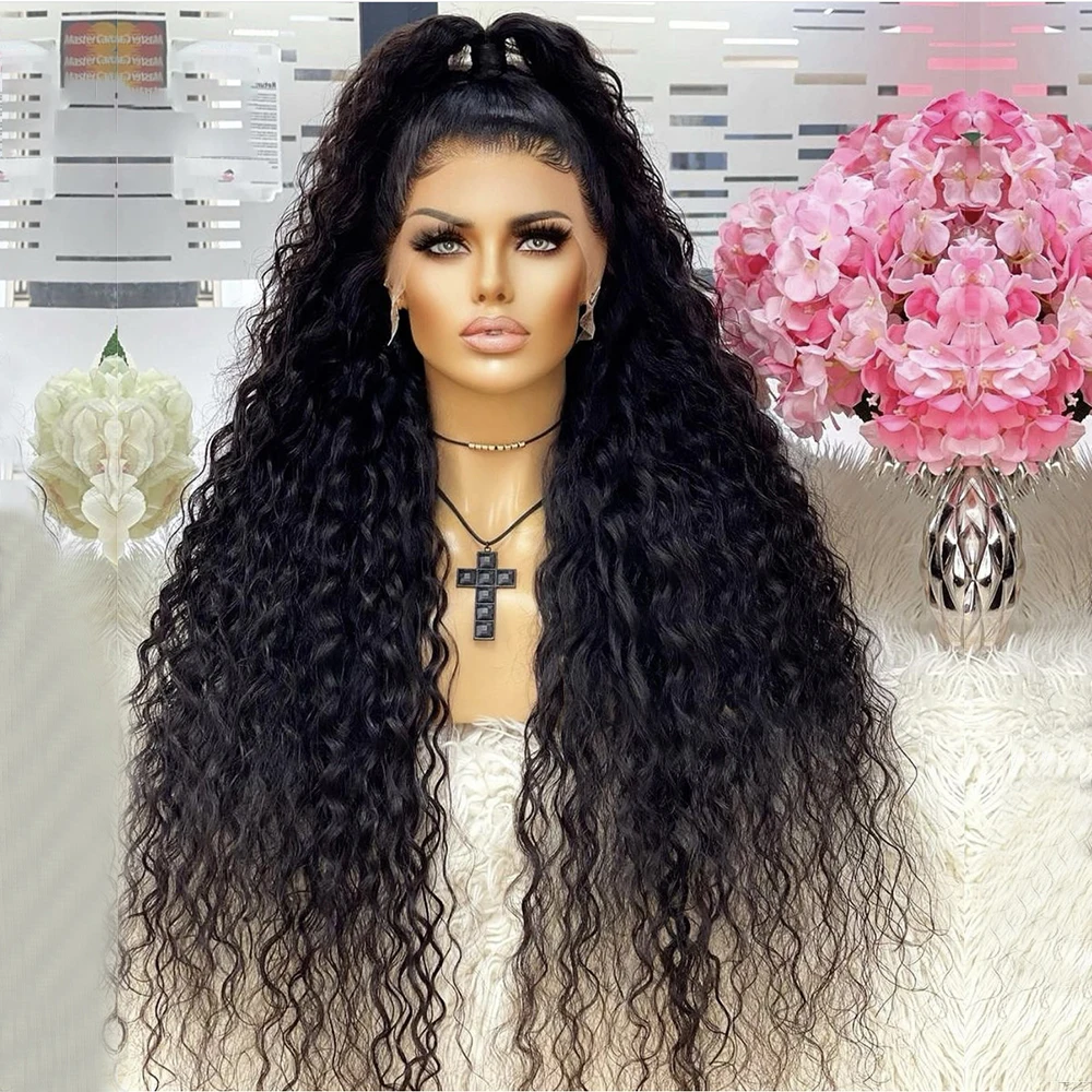 Soft Glueless 26inch Long 180Density Natural Black Kinky Curly Deep Lace Front Wig For Women With Baby Hair Preplucked Daily