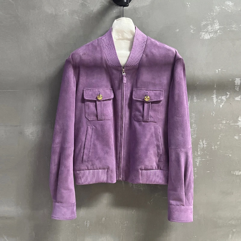 2025 Autunno Nuovo importato A-livello Giacca in pelle di agnello Top Moda Donna Casual Scollo a V Cerniera Pelle scamosciata Kid Giacche in vera pelle