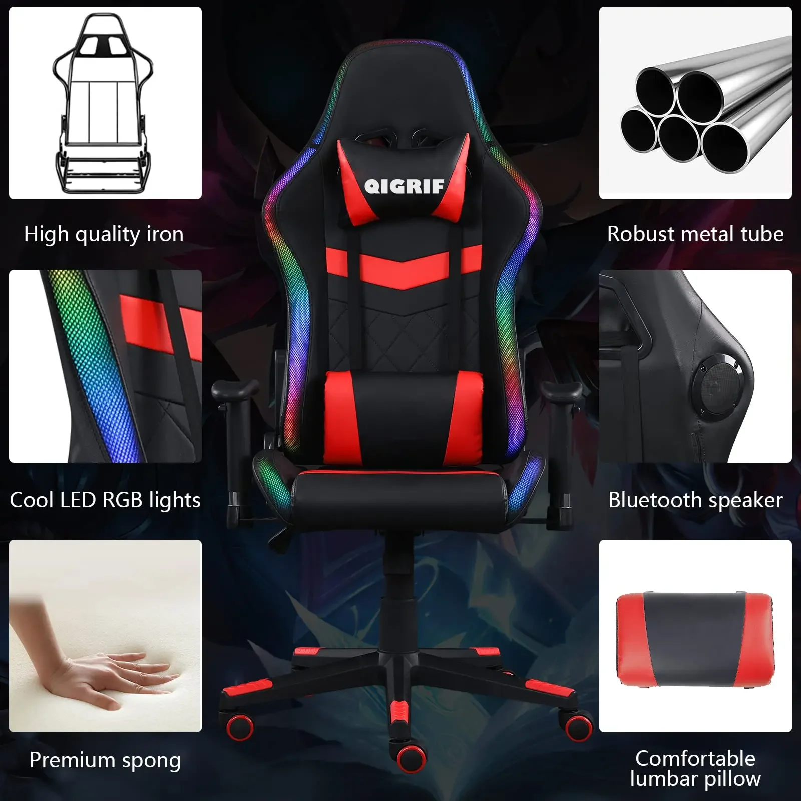 

Ergonomic Computer Desk Chair RGB Gaming Chair with Bluetooth Speakers LED Lights A