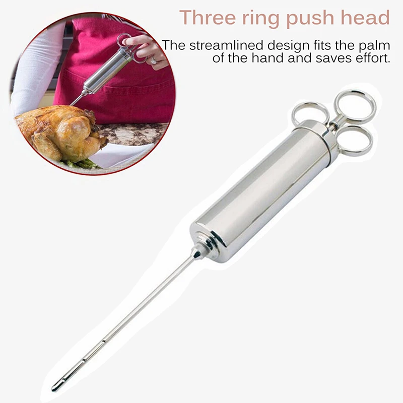 Stainless Steel Meat Marinade Injector Seasoning Turkey Steak Flavouring Injector Food Grade Cooking Syringe BBQ Tool with Brush