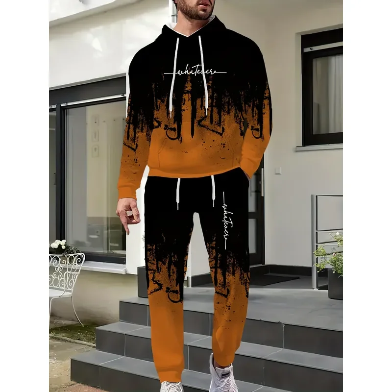 2026 Men Fashion Casual Sports Suit Black Red Gradient Hoodie Drawstring Sweatpants Set Athletic Jogging Tracksuit Outfit