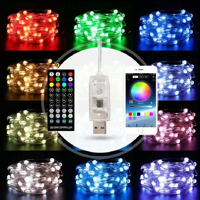 Usb bluetooth super inteligente led cintilação luz do telefone móvel controle remoto app lâmpada de cobre corda de luzes de natal decoração da corda