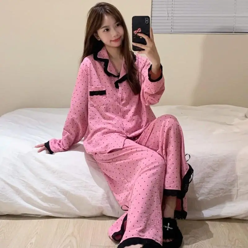 새로운 달콤한 물방울 무늬 레이스 디자인 니치 한국 홈 슈트 세트 파자마 소녀 스타일 긴 소매 잠옷 여성 봄 가을