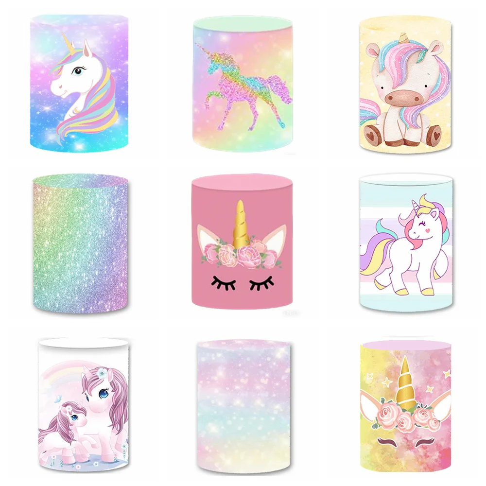 

Unicorn Theme Cylinder Cover Glitter Gradient Party Decoration Bottom Cover Baby Party Birthday Dessert Tablecloth Elastic Cloth